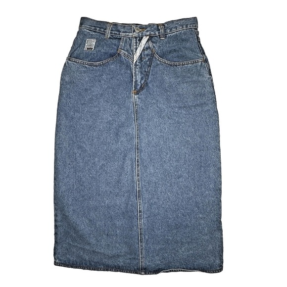 Vtg 80s Jordache Studio Skirt Womens 10 Blue Denim High Waist Midi Back Slit - Picture 1 of 12